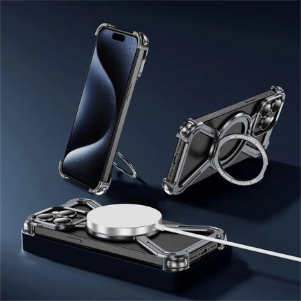 For iPhone 15 Pro Max Magnetic Case Rotating Kickstand Metal Bumper Phone Cover
