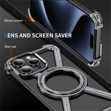 For iPhone 15 Pro Max Magnetic Case Rotating Kickstand Metal Bumper Phone Cover