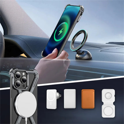For iPhone 15 Pro Max Magnetic Case Rotating Kickstand Metal Bumper Phone Cover