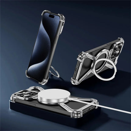 For iPhone 15 Pro Max Magnetic Case Rotating Kickstand Metal Bumper Phone Cover