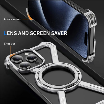 For iPhone 15 Pro Max Magnetic Case Rotating Kickstand Metal Bumper Phone Cover