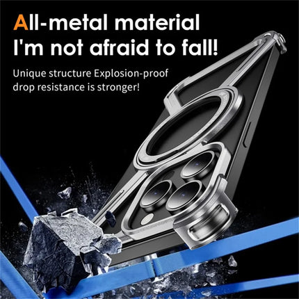 For iPhone 15 Pro Max Magnetic Case Rotating Kickstand Metal Bumper Phone Cover