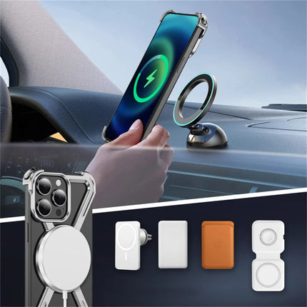 For iPhone 15 Pro Max Magnetic Case Rotating Kickstand Metal Bumper Phone Cover