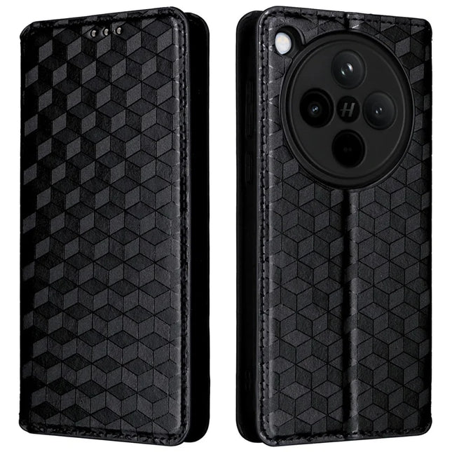 For Oppo Find X8 5G Wallet Case Rhombus Imprinted Leather Phone Cover - Black