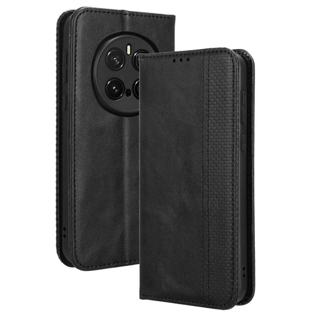 For Honor Magic7 Pro 5G Leather Case Wallet Stand Retro Texture Phone Cover - Black