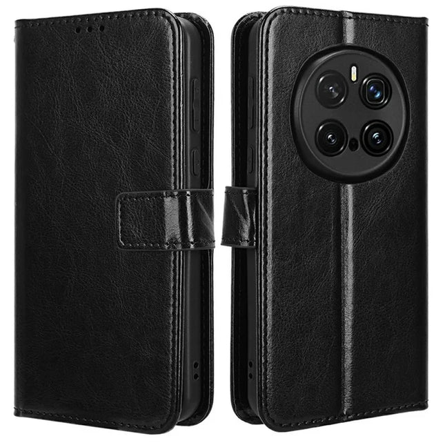For Honor Magic7 Pro 5G Case Crazy Horse Texture PU Leather Phone Wallet Cover - Black