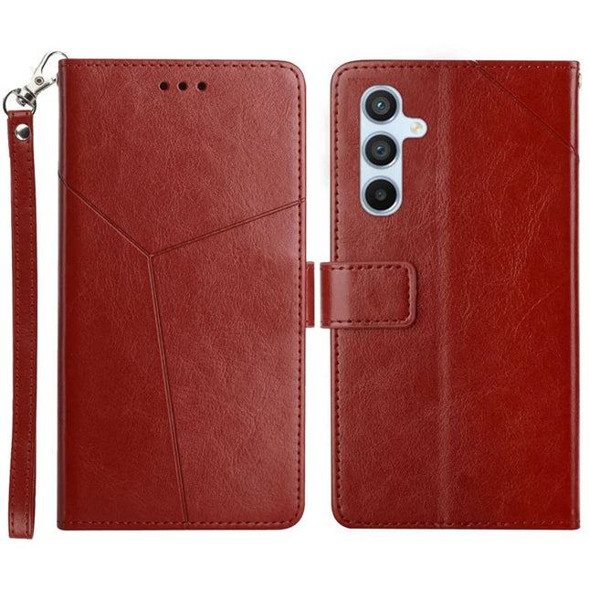 For Samsung Galaxy A26 5G Case Y-Shaped Lines Imprint Leather Phone Cover - Brown