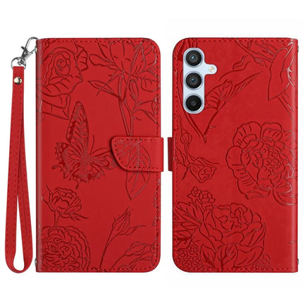 For Samsung Galaxy A26 5G Case Leather Phone Cover with Strap, Butterfly Flower Imprint - Red