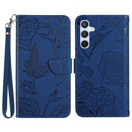 For Samsung Galaxy A26 5G Case Leather Phone Cover with Strap, Butterfly Flower Imprint - Blue
