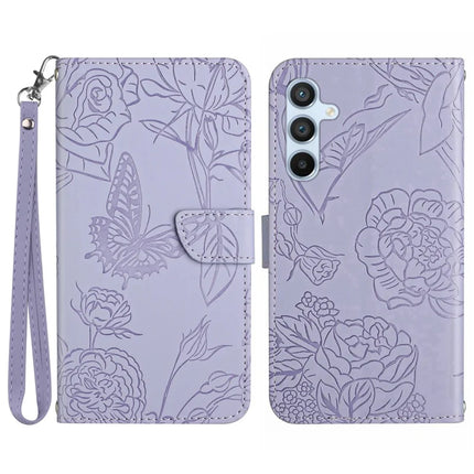 For Samsung Galaxy A26 5G Case Leather Phone Cover with Strap, Butterfly Flower Imprint - Purple