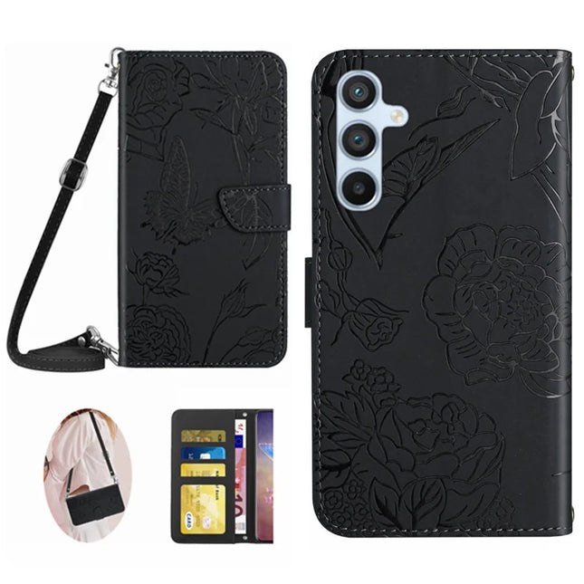 For Samsung Galaxy A26 5G Case Anti-Drop Leather Phone Cover Butterfly Flower Imprint - Black