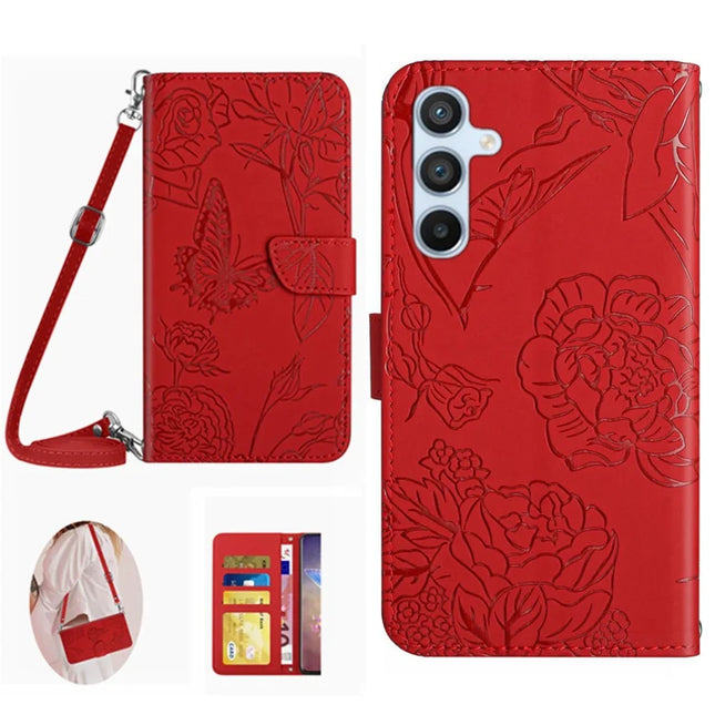 For Samsung Galaxy A26 5G Case Anti-Drop Leather Phone Cover Butterfly Flower Imprint - Red