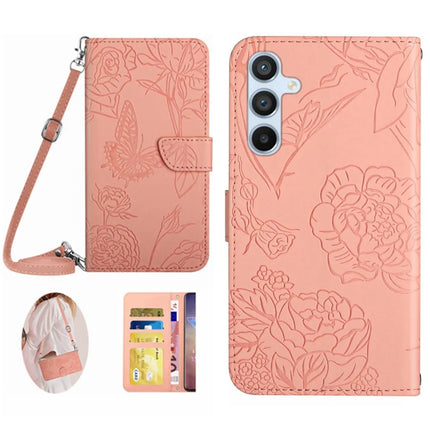 For Samsung Galaxy A26 5G Case Anti-Drop Leather Phone Cover Butterfly Flower Imprint - Pink