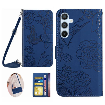 For Samsung Galaxy A26 5G Case Anti-Drop Leather Phone Cover Butterfly Flower Imprint - Blue