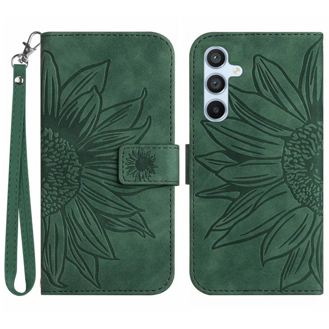 For Samsung Galaxy A26 5G Case Sunflower Imprint Leather Wallet Phone Cover with Wrist Strap - Blackish Green