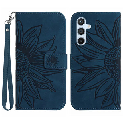 For Samsung Galaxy A26 5G Case Sunflower Imprint Leather Wallet Phone Cover with Wrist Strap - Dark Blue