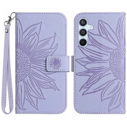 For Samsung Galaxy A26 5G Case Sunflower Imprint Leather Wallet Phone Cover with Wrist Strap - Light Purple