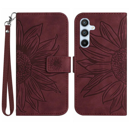 For Samsung Galaxy A26 5G Case Sunflower Imprint Leather Wallet Phone Cover with Wrist Strap - Wine Red