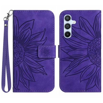 For Samsung Galaxy A26 5G Case Sunflower Imprint Leather Wallet Phone Cover with Wrist Strap - Dark Purple