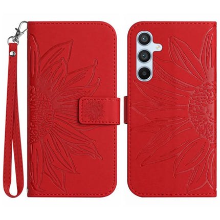 For Samsung Galaxy A26 5G Case Sunflower Imprint Leather Wallet Phone Cover with Wrist Strap - Red