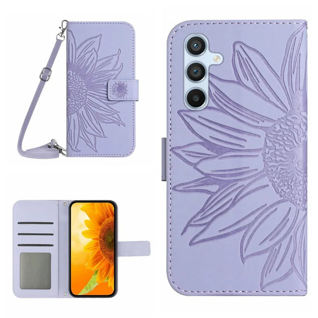 HT04 For Samsung Galaxy A26 5G Case Sunflower Imprint PU Leather Phone Cover with Long Strap - Light Purple