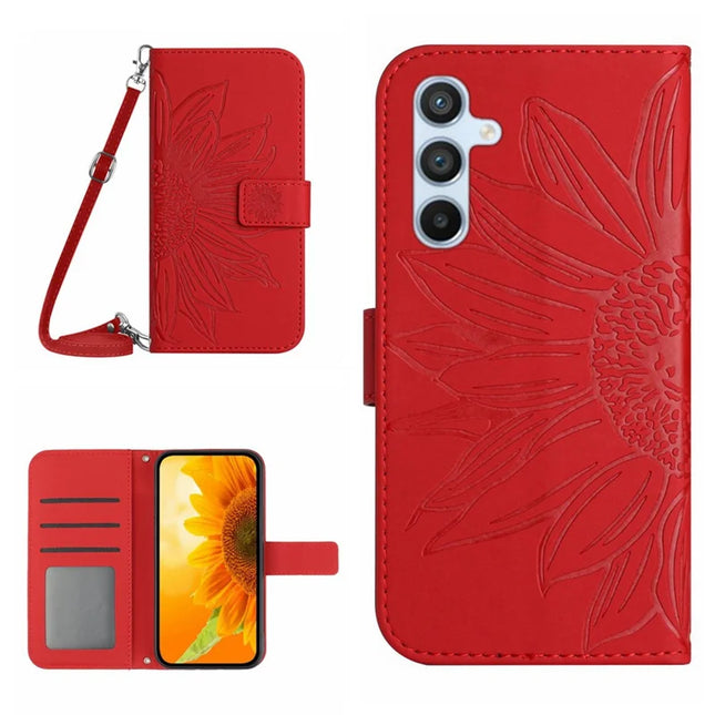 HT04 For Samsung Galaxy A26 5G Case Sunflower Imprint PU Leather Phone Cover with Long Strap - Red