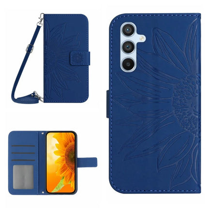 HT04 For Samsung Galaxy A26 5G Case Sunflower Imprint PU Leather Phone Cover with Long Strap - Sapphire