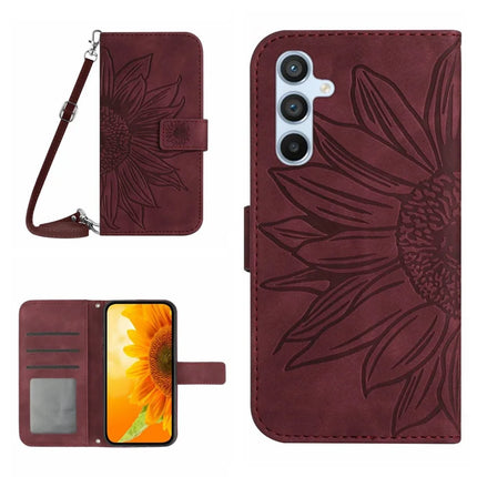 HT04 For Samsung Galaxy A26 5G Case Sunflower Imprint PU Leather Phone Cover with Long Strap - Wine Red