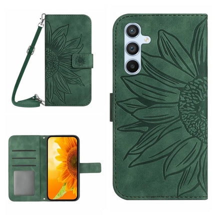 HT04 For Samsung Galaxy A26 5G Case Sunflower Imprint PU Leather Phone Cover with Long Strap - Blackish Green