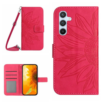 HT04 For Samsung Galaxy A26 5G Case Sunflower Imprint PU Leather Phone Cover with Long Strap - Rose