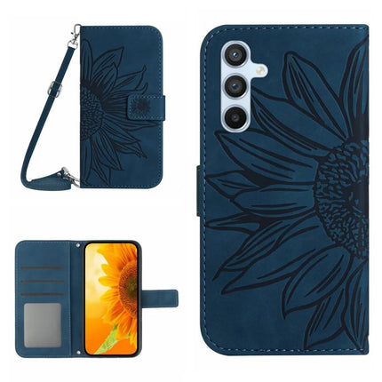 HT04 For Samsung Galaxy A26 5G Case Sunflower Imprint PU Leather Phone Cover with Long Strap - Dark Blue