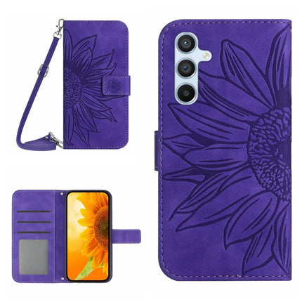HT04 For Samsung Galaxy A26 5G Case Sunflower Imprint PU Leather Phone Cover with Long Strap - Dark Purple