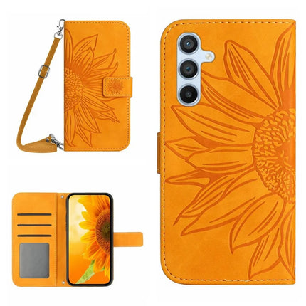 HT04 For Samsung Galaxy A56 5G Case Sunflower Imprint PU Leather Phone Cover with Long Strap - Yellow
