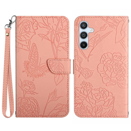 For Samsung Galaxy A56 5G Case Leather Phone Cover with Strap, Butterfly Flower Imprint - Pink