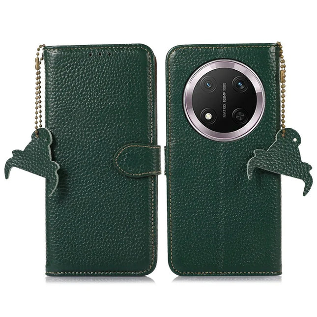 For Honor Magic7 Lite 5G / X9c 5G / X60 Pro 5G Case RFID Blocking Genuine Cow Leather Phone Cover Litchi Texture - Green