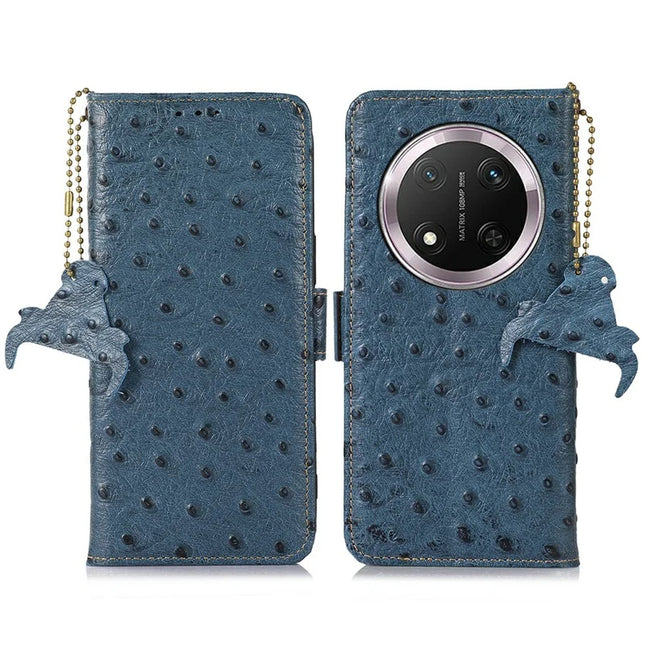 For Honor Magic7 Lite 5G / X9c 5G / X60 Pro 5G Case RFID Blocking Genuine Cow Leather Phone Case Ostrich Texture - Blue