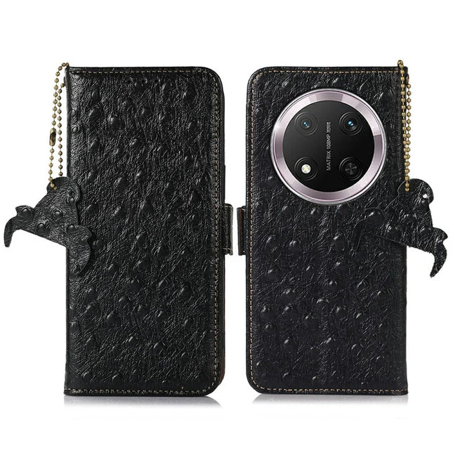 For Honor Magic7 Lite 5G / X9c 5G / X60 Pro 5G Case RFID Blocking Genuine Cow Leather Phone Case Ostrich Texture - Black