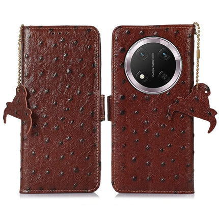 For Honor Magic7 Lite 5G / X9c 5G / X60 Pro 5G Case RFID Blocking Genuine Cow Leather Phone Case Ostrich Texture - Coffee