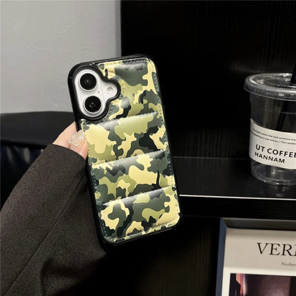 For iPhone 16 Plus Case Camo Puffer Jacket Leather+TPU 3D Protective Cover