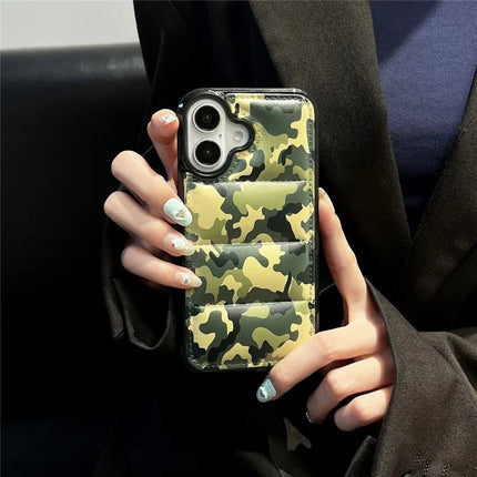 For iPhone 16 Plus Case Camo Puffer Jacket Leather+TPU 3D Protective Cover