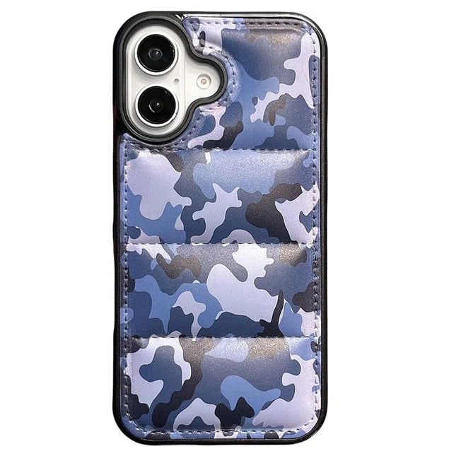 For iPhone 16 Plus Case Camo Puffer Jacket Leather+TPU 3D Protective Cover - Blue