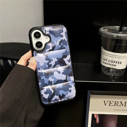 For iPhone 16 Plus Case Camo Puffer Jacket Leather+TPU 3D Protective Cover