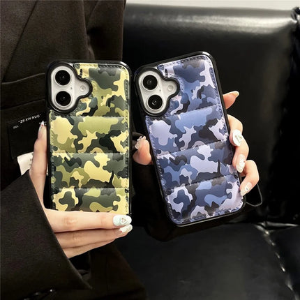 For iPhone 16 Plus Case Camo Puffer Jacket Leather+TPU 3D Protective Cover