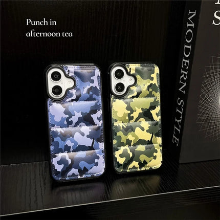 For iPhone 16 Plus Case Camo Puffer Jacket Leather+TPU 3D Protective Cover