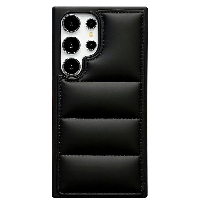 For Samsung Galaxy S23 Ultra Case Puffer Jacket Leather+TPU Soft Touch Phone Cover - Black