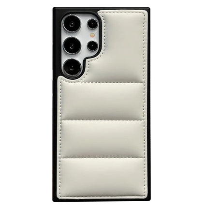 For Samsung Galaxy S23 Ultra Case Puffer Jacket Leather+TPU Soft Touch Phone Cover - White