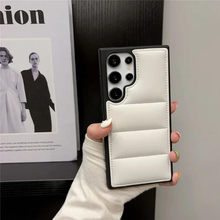 For Samsung Galaxy S23 Ultra Case Puffer Jacket Leather+TPU Soft Touch Phone Cover