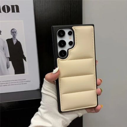 For Samsung Galaxy S23 Ultra Case Puffer Jacket Leather+TPU Soft Touch Phone Cover