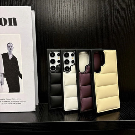 For Samsung Galaxy S23 Ultra Case Puffer Jacket Leather+TPU Soft Touch Phone Cover