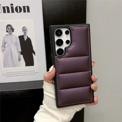 For Samsung Galaxy S23 Ultra Case Puffer Jacket Leather+TPU Soft Touch Phone Cover